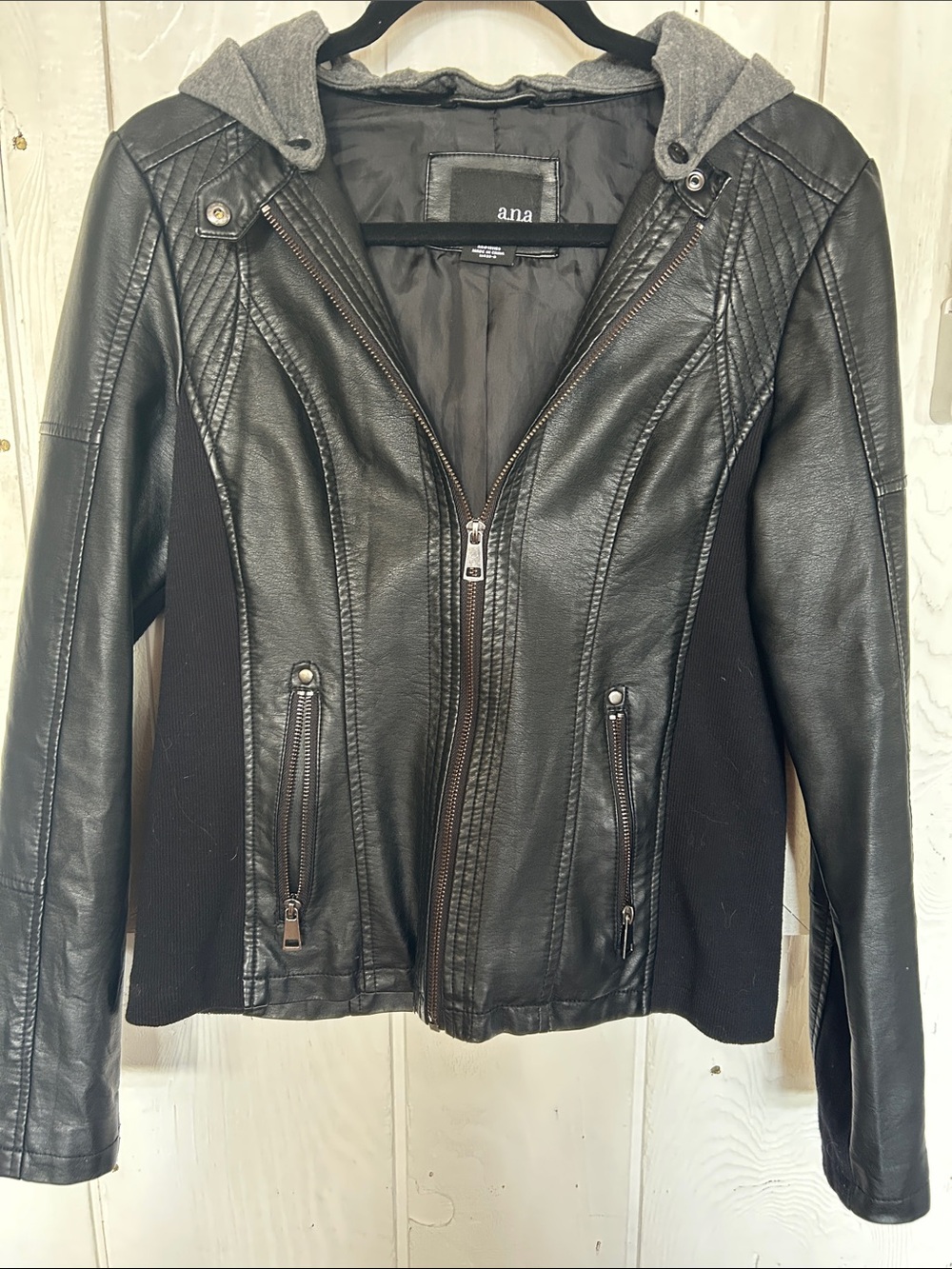 a.n.a Black Faux Leather Jacket with Gray Hood